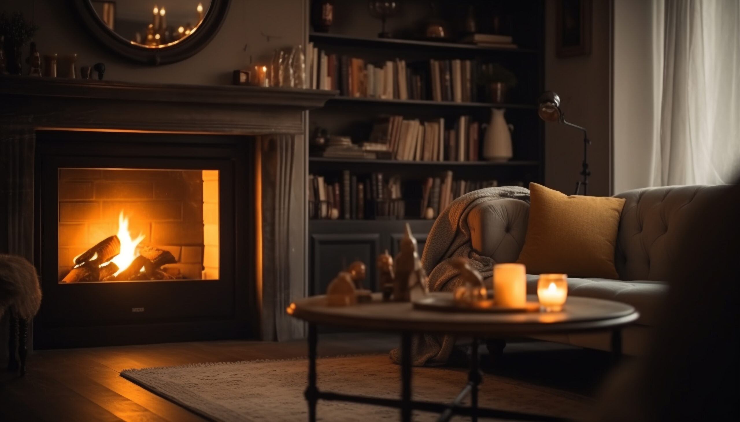 Cozy armchair glows by burning candlelight flame generated by AI
